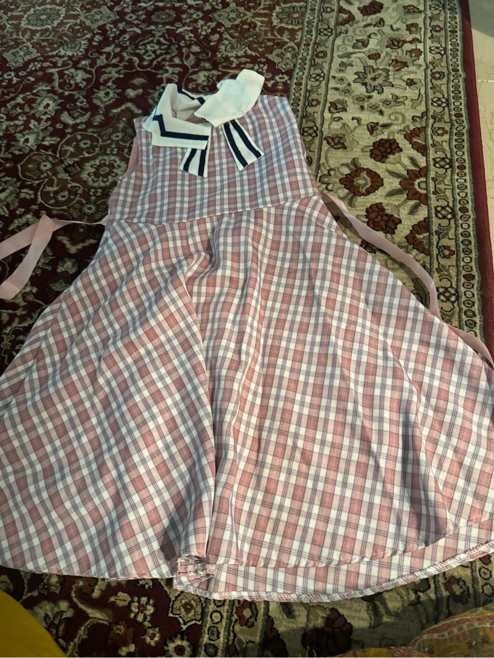 Pink Plaid A-Line Dress with Bow Collar